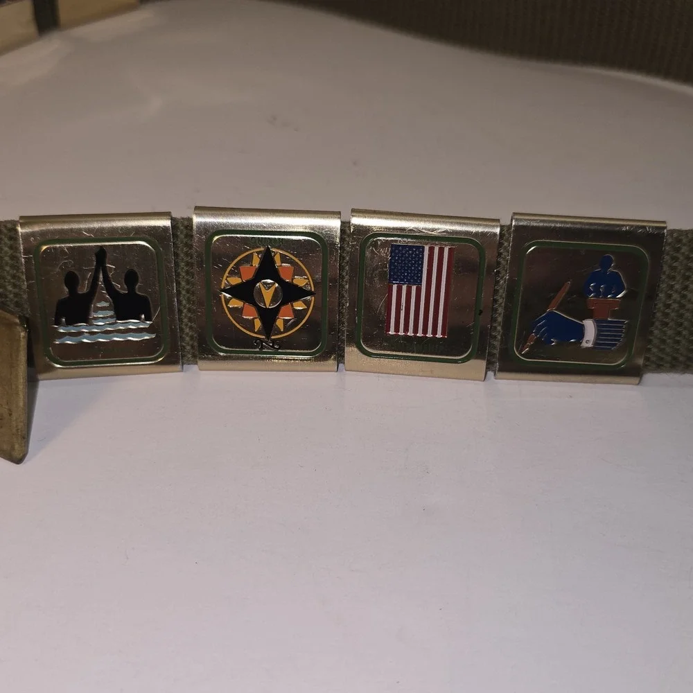 Vintage Boy Scouts Canvas Belt With Brass Buckle Seven Awards Hiking Camping BSA